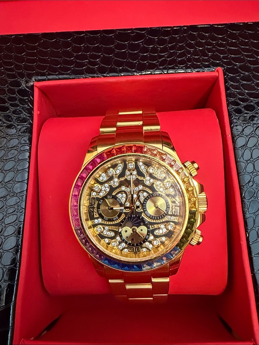 Shigefuku Automatic Skeleton Watch Gold Rainbow Bezel 40mm